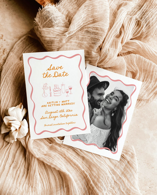 Save the Date Template | Wavy Hand Drawn Save the Date | Colorful Retro Save the Date | Photo Save the Dates | Editable Template, H1