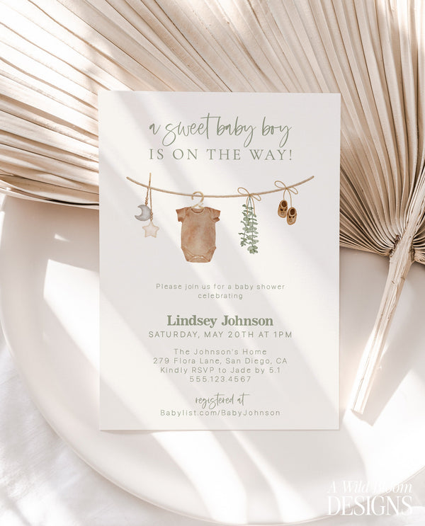 Boy Baby Shower Invitation Template | Boy Baby Shower | Sage Green Baby Shower Invite | Oh Boy | Modern Minimalist Baby Shower Invite | C5