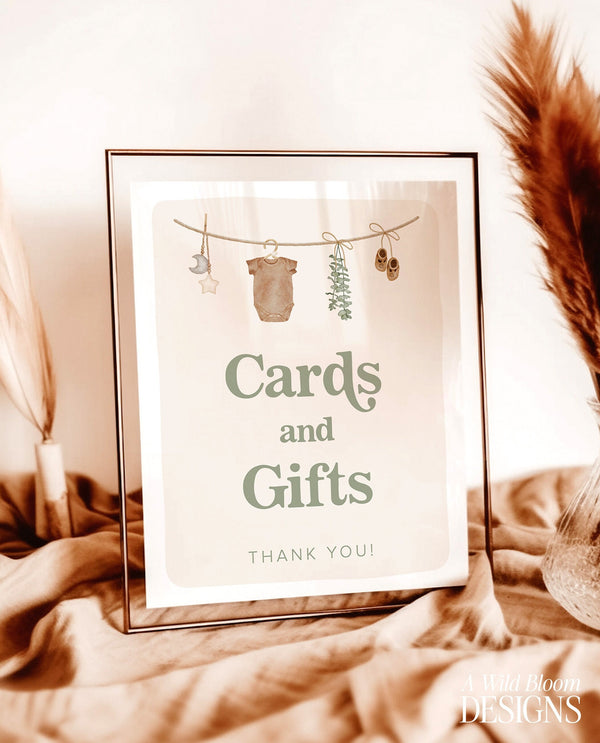 Cards and Gifts Sign Template | Baby Shower Cards and Gifts | Boy Baby Shower | Gender Neutral Sage Green Baby | Baby Shower Gift Sign | C5