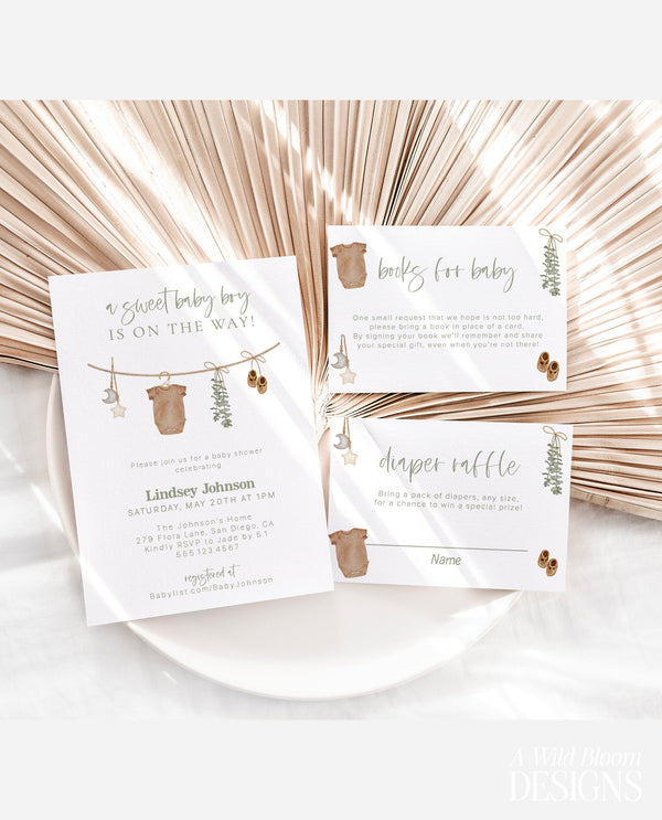 Boy Baby Shower Invitation Template | Sage Green Baby Invite | Gender Neutral | Baby Shower Bundle, Boho Baby Shower | Editable Template, C5