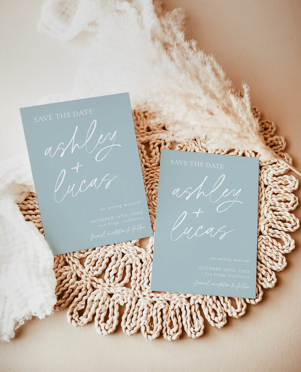 Blue Save the Dates | Modern Minimalist Wedding Save the Date | Dusty Blue Save the Dates | Hand Drawn Handwritten | Editable Template M0